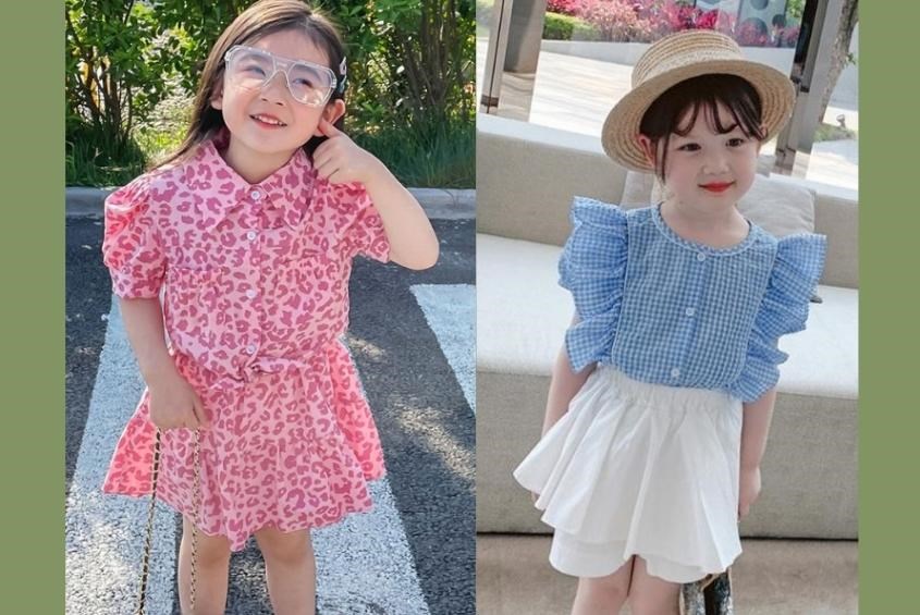 Áo sơ mi kiểu phối cùng váy xòe cho bé gái