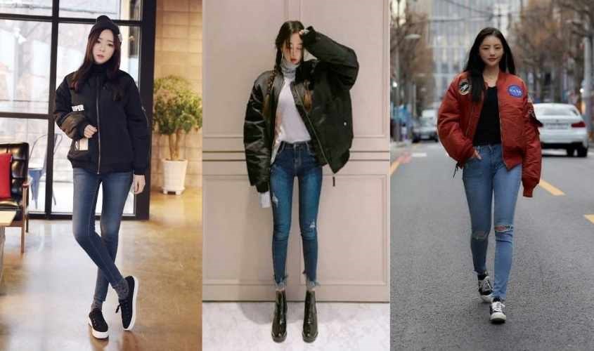 Phối áo khoác phao nữ với quần skinny jeans