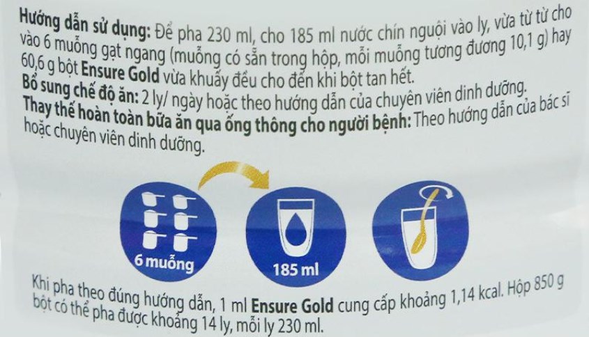 Hướng dẫn sử dụng và khuyến cáo được in trên sữa bầu Ensure Gold hương vani 850g