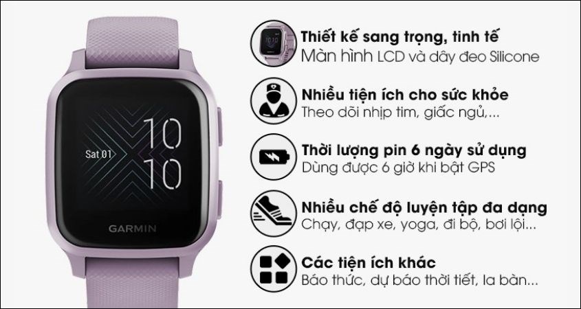 Smartwatch Garmin Venu SQ dây silicone tím