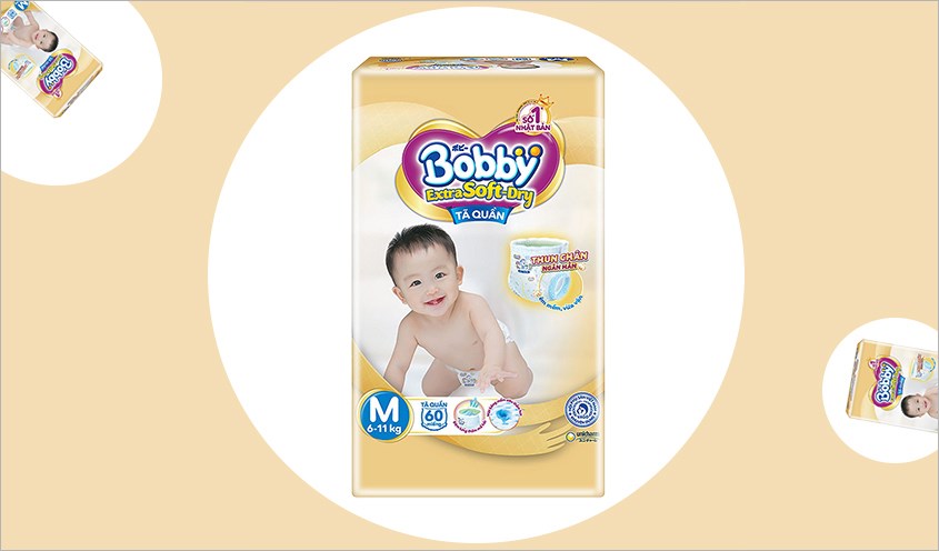 Tã quần Bobby Extra Soft-Dry size M 60 miếng (6 - 11 kg)