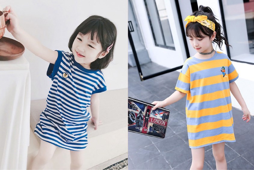 chọn váy đầm cho bé gái dáng gầy họa tiết to hoặc sọc ngang