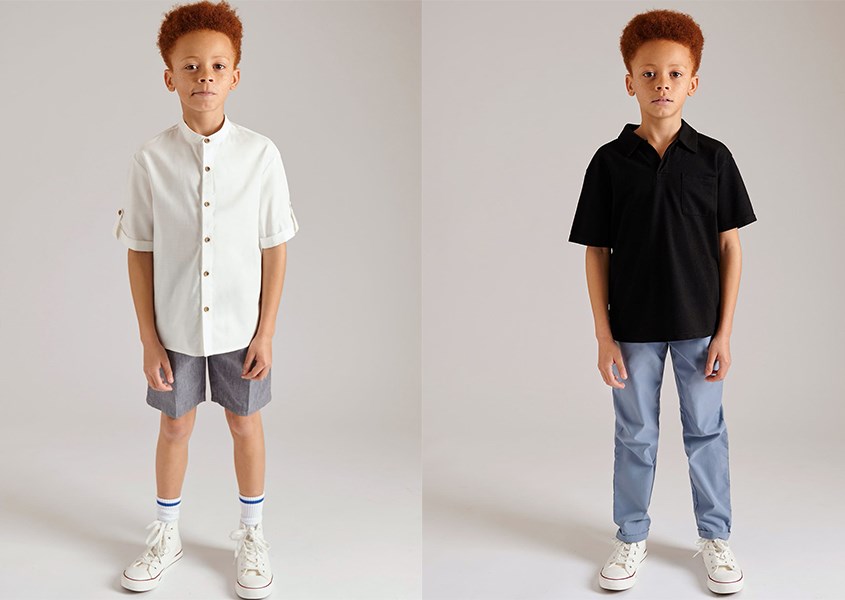 Phối áo trắng đen với quần khác màu sẽ phù hợp cho bé trai có làn da ngăm