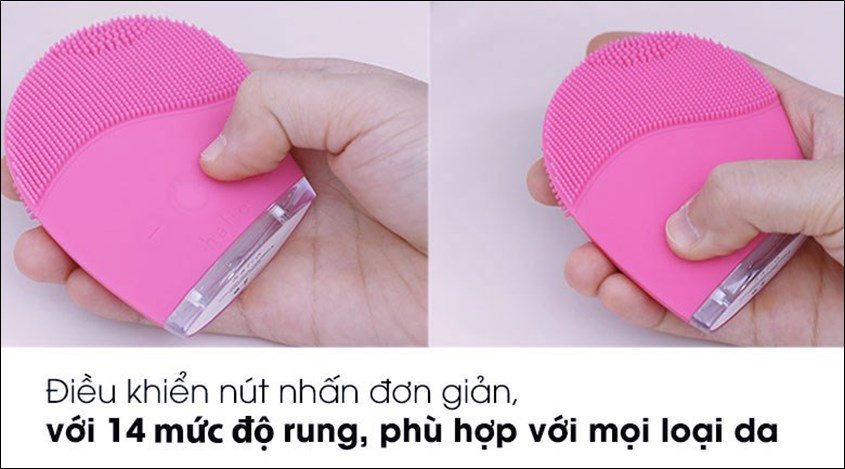 Khởi động và chọn mức rung máy rửa mặt và massage Halio Facial Hot Pink