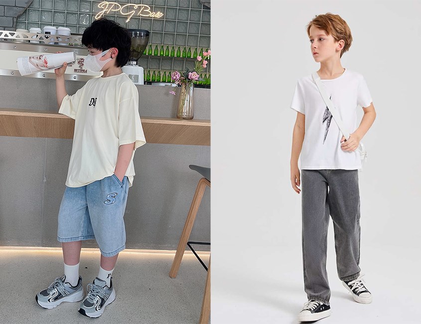 Phối áo thun bé trai với quần jeans cho bé năng động