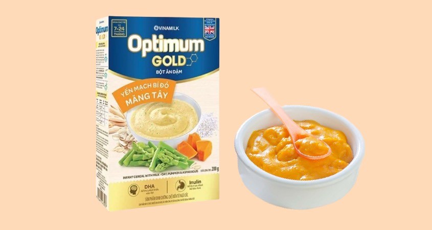 Bột ăn dặm Optimum Gold yến mạch, bí đỏ và măng tây hộp 200g (7 - 24 tháng)