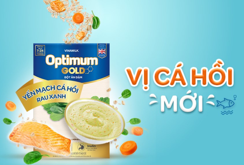 Bột ăn dặm Optimum Gold yến mạch, cá hồi và rau xanh hộp 200g (7 - 24 tháng)