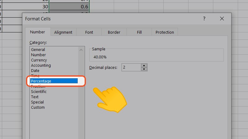 Hộp thoại Format Cells sinh ra, lựa chọn Percentage nhập phần Number. 