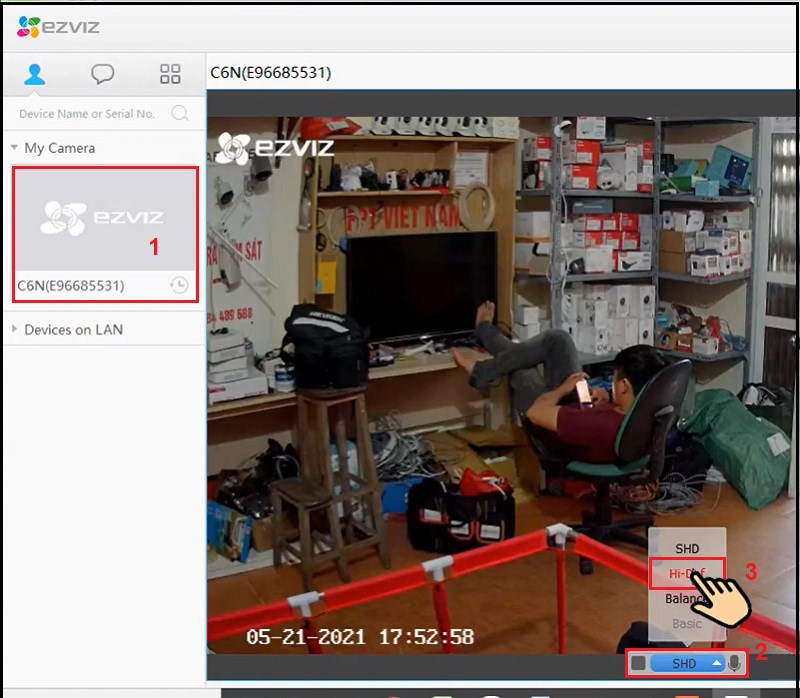 Chọn mắt camera cần quan sát, chọn SHD để chọn xem chế độ Hi-Def