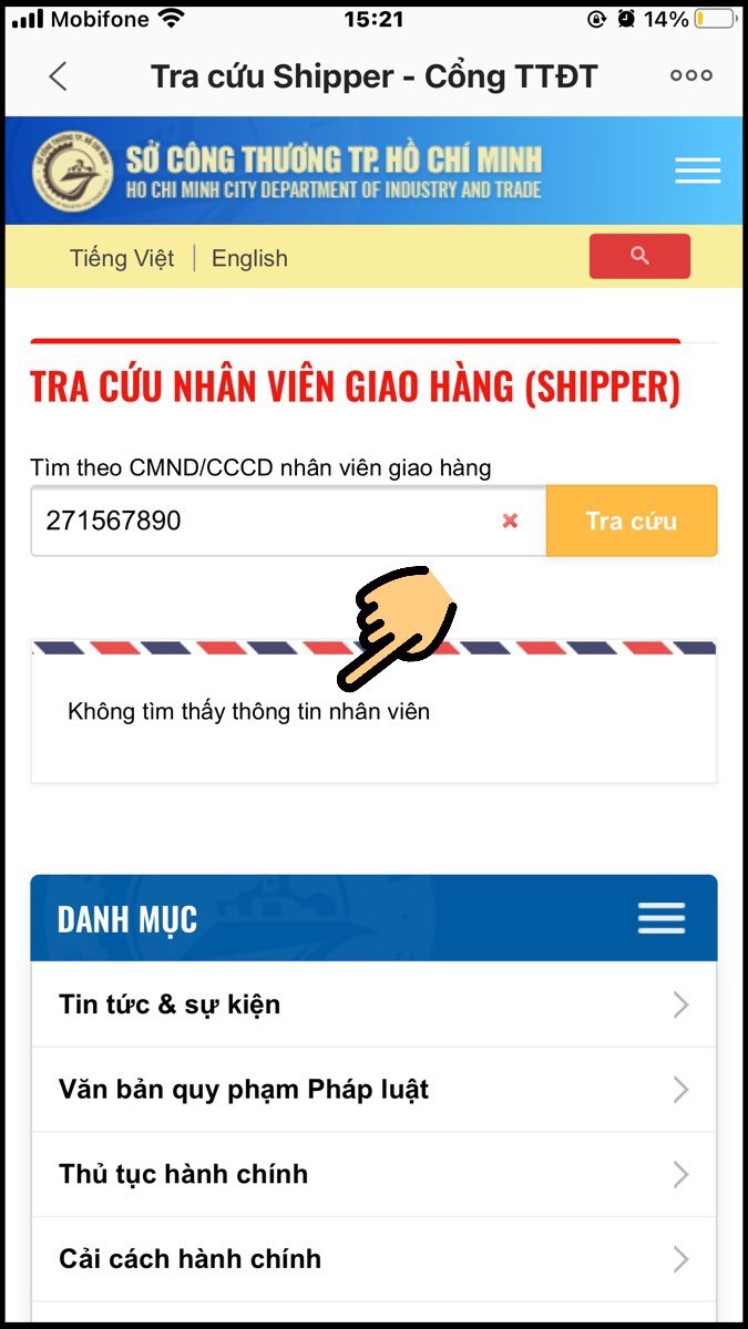 Xem thông báo Không tìm thấy thông tin nhân viên