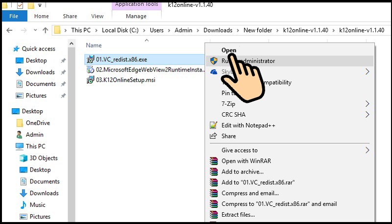 Bấm chuột phải vào 01.VC_redist.x86.exe chọn Open