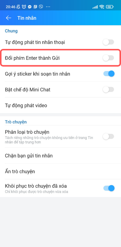 Gạt sang tr&aacute;i > Đổi ph&iacute;m Enter th&agrave;nh Gửi