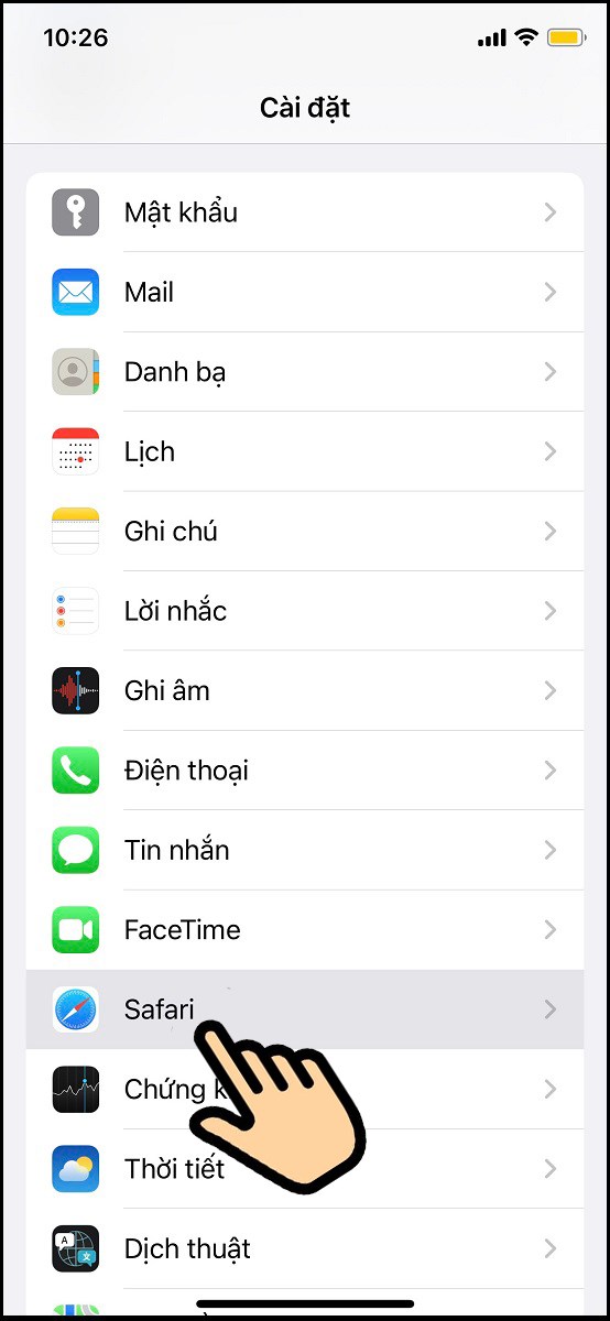 Truy cập C&agrave;i đặt chọn Safari
