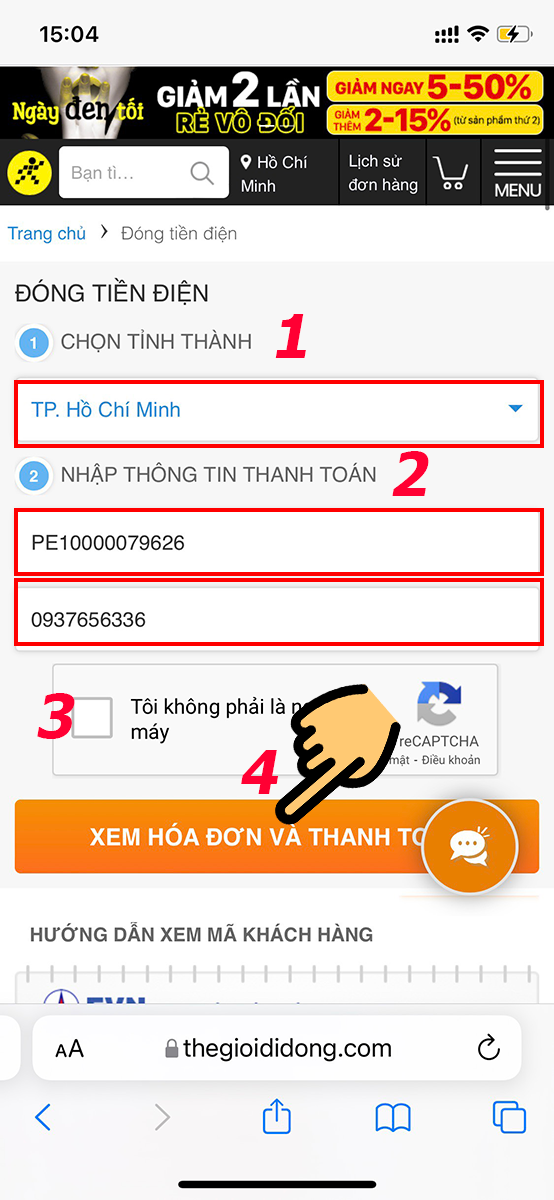 Chọn tỉnh thành, thông tin mã khách hàng, SĐT