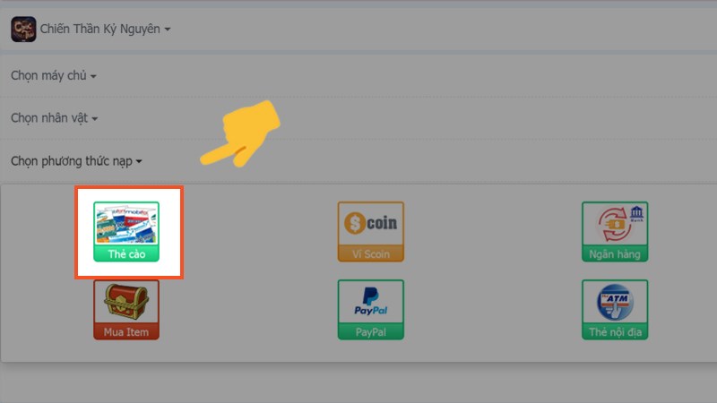 Chọn phương thức nạp là Thẻ cào