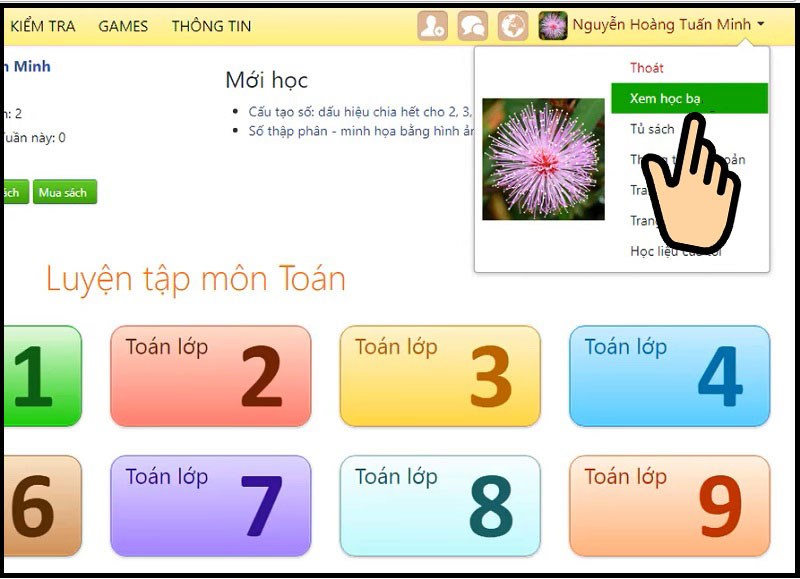Đến phần tên tài khoản, chọn mũi tên trỏ xuống, sau đó bấm Xem học bạ Đến phần tên tài khoản, chọn mũi tên trỏ xuống, sau đó bấm Xem học bạ