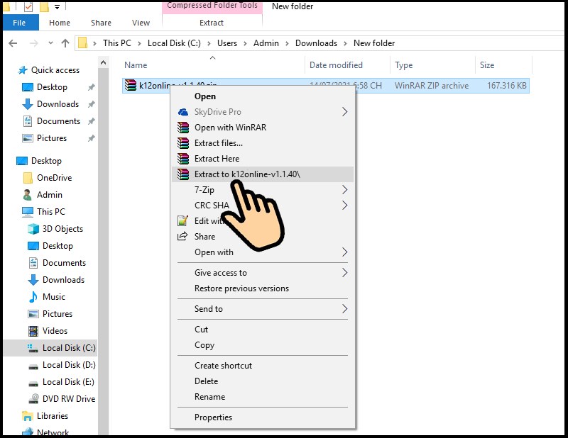 Bấm chuột phải vào file mới tải về chọn Extract to k12online-v1.1.40 để giải nén