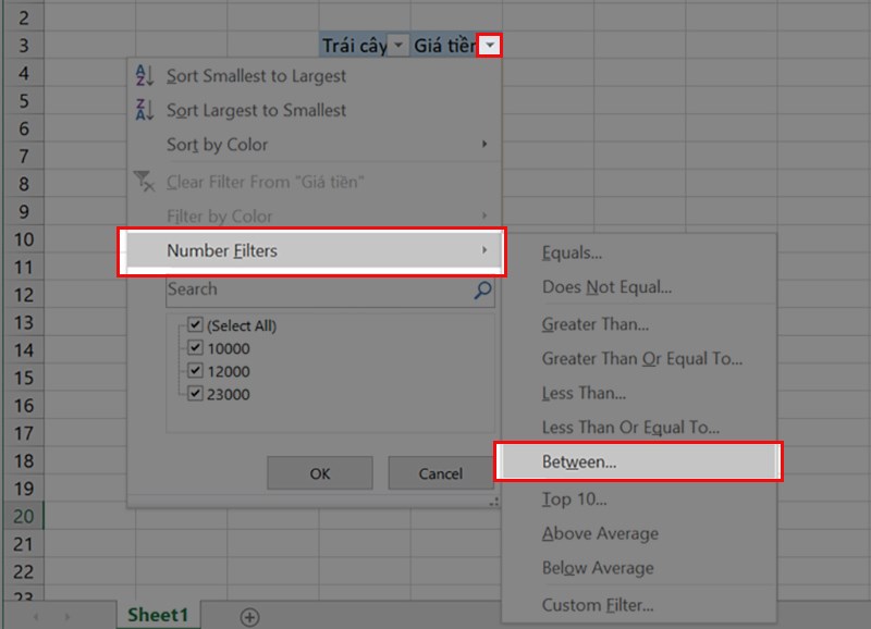 Click mũi tên ở đầu cột cần lọc, chọn Text Fillters hoặc Number Fullters.