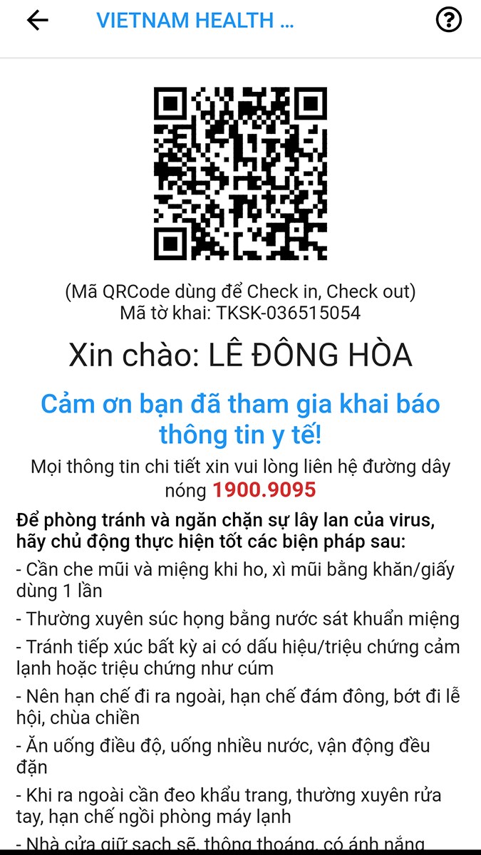 Mã QR code được hệ thống gửi về