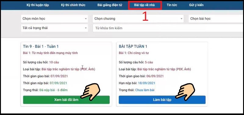 Muốn xem kết quả b&agrave;i đ&atilde; l&agrave;m bấm Xem b&agrave;i đ&atilde; l&agrave;m, c&ograve;n muốn l&agrave;m b&agrave;i mới th&igrave; bấm L&agrave;m b&agrave;i tập