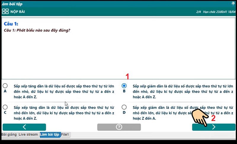 Tham gia làm bài bằng câu hỏi trắc nghiệp, tích chọn đáp án và ấn mũi tiếp để sang câu tiếp theo