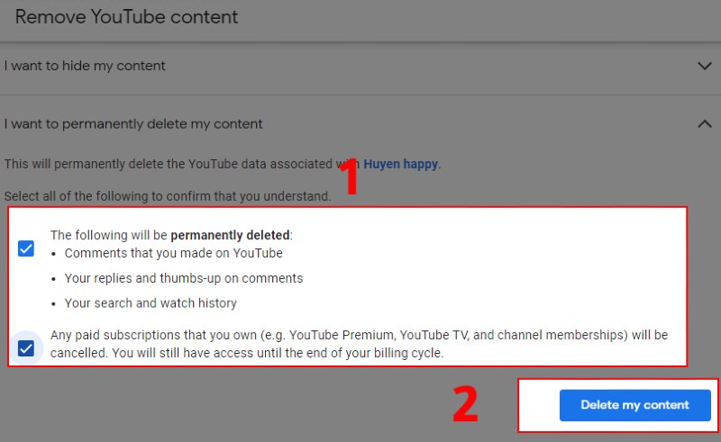 Tick chọn v&agrave;o c&aacute;c &ocirc; b&ecirc;n dưới v&agrave; nhấn n&uacute;t Delete my content