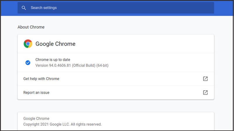 Chờ vài giây để Chrome kiểm tra và update lên phiên bản mới (nếu có)