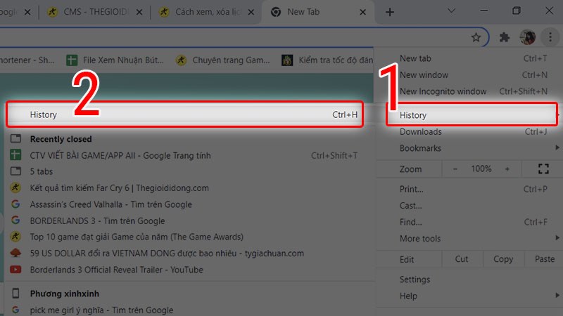 Nhấp vào Lịch sử (history) và chọn Lịch sử