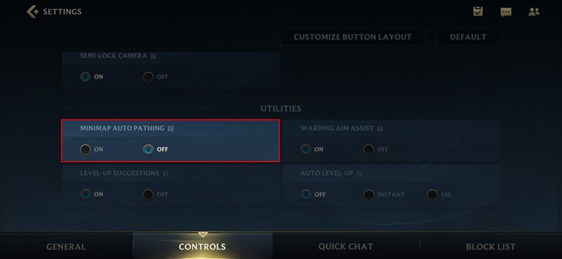 Trong Controls bật ON t&iacute;nh năng MiniMap Auto Pathing 
