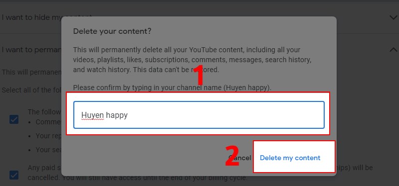 Nhập t&ecirc;n k&ecirc;nh YouTube v&agrave; nhấn Delete my content 