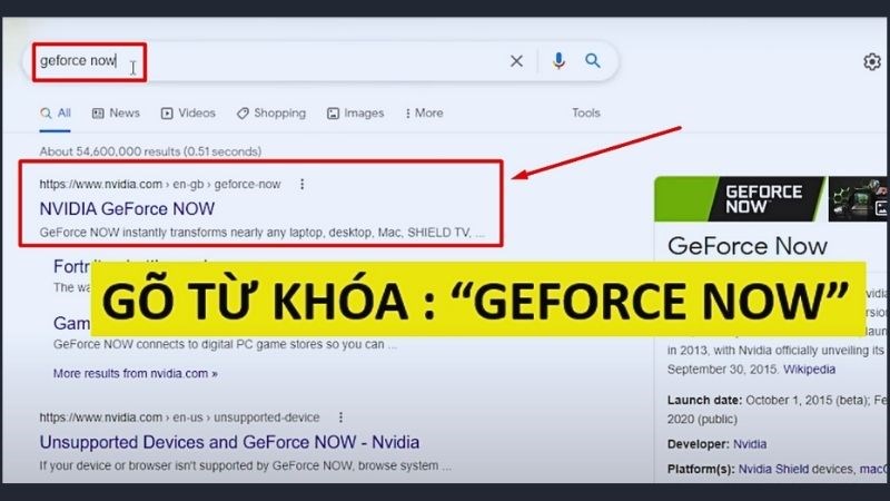 Tìm kiếm Geforce NOW > Vào trang web như hình