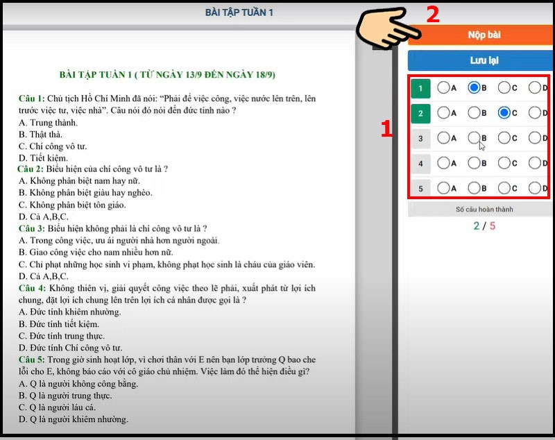 Đọc b&agrave;i, chọn đ&aacute;p &aacute;n bằng c&aacute;ch t&iacute;ch v&agrave;o từng đ&aacute;p &aacute;n, sau đ&oacute; bấm Nộp b&agrave;i