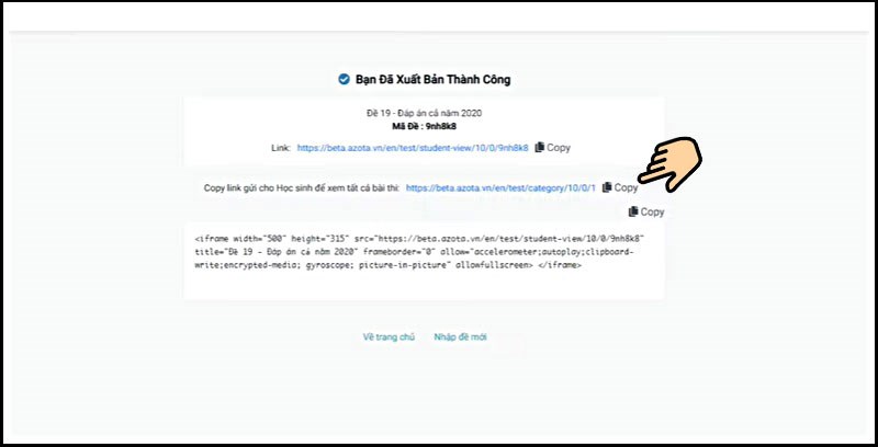 Nhấn Copy đường link bài thi gửi cho học sinh