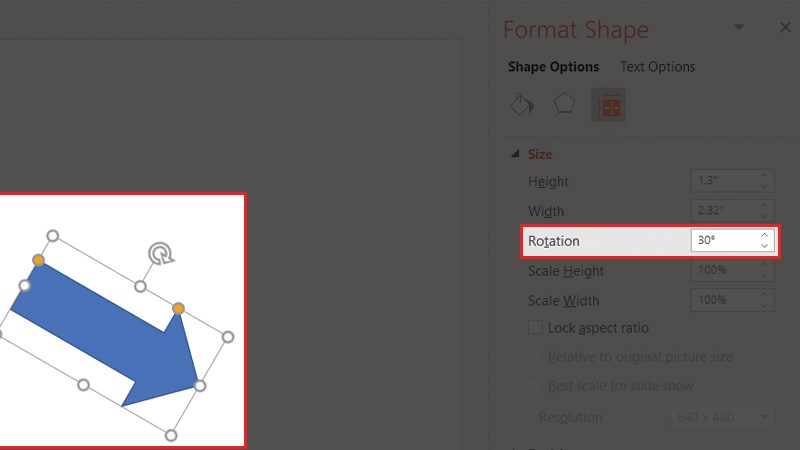 Điều chỉnh g&oacute;c xoay tại mục Rotate trong Format Shape