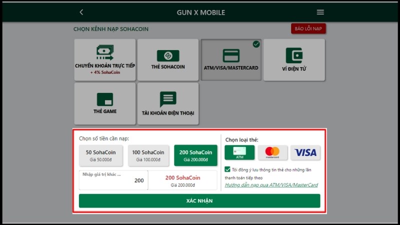 chọn phương thức nạp game l&agrave; ATM/VISA/MASTERCARD > Chọn số tiền cần nạp > Chọn loại thẻ > Chọn X&aacute;c nhận > Thực hiện điền c&aacute;c th&ocirc;ng tin theo y&ecirc;u cầu của trang web để thanh to&aacute;n