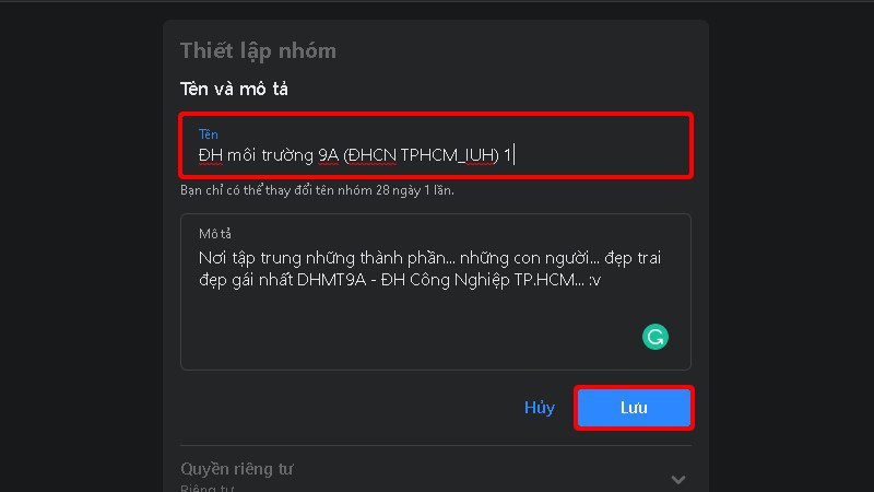 Nhập tên nhóm mới và nhấn lưu