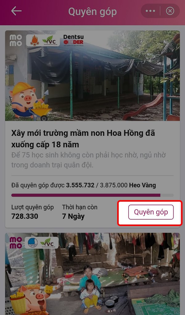 Chọn hoàn cảnh để quyên góp và nhấn vào Quyên góp.