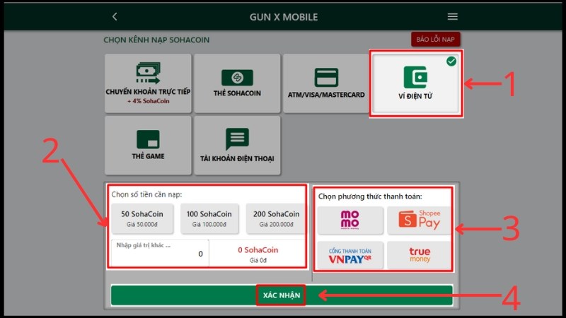 chọn phương thức nạp game l&agrave;&nbsp;V&iacute; Điện tử&nbsp;> Chọn số tiền cần nạp > Chọn phương thức thanh to&aacute;n (Momo, ShopeePay, VNPay, TrueMoney)