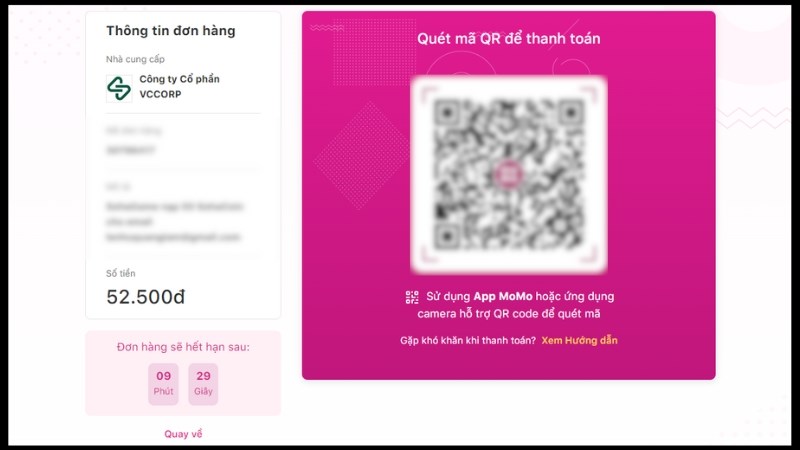 Nếu chọn&nbsp;Momo: Xuất hiện QR thanh to&aacute;n (như h&igrave;nh b&ecirc;n dưới) > Thực hiện qu&eacute;t QR code bằng ứng dụng Momo để thanh to&aacute;n
