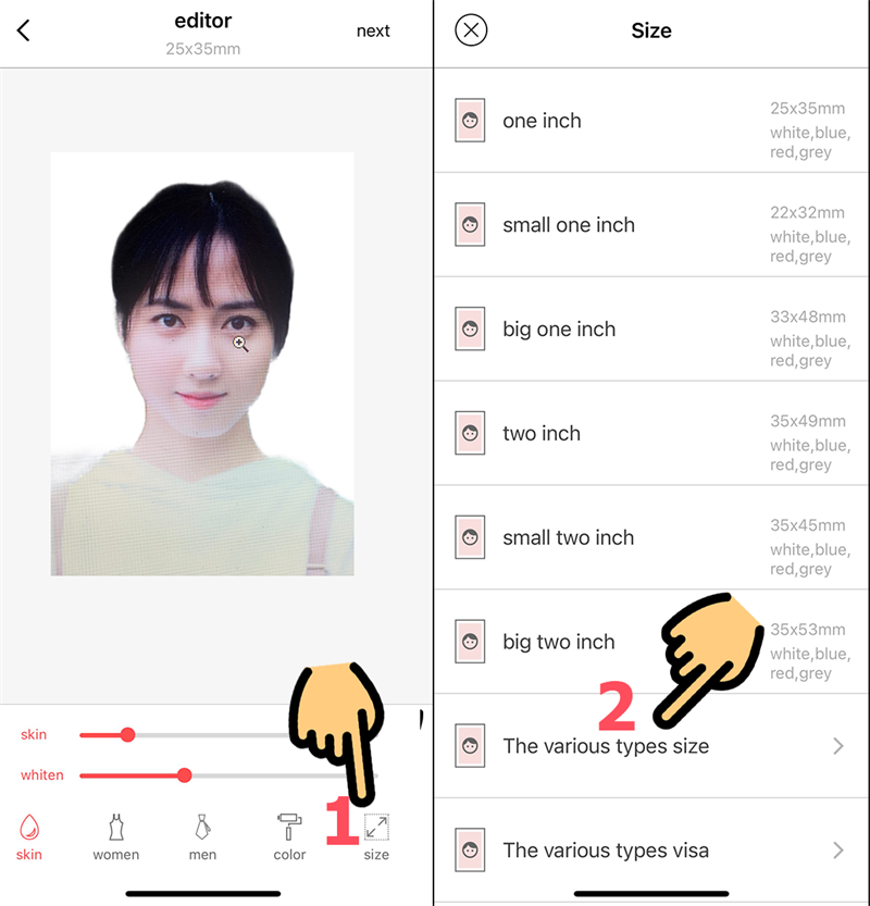 Chọn k&iacute;ch thước ảnh, bạn nhấn Size