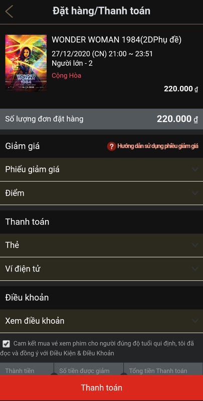 Nhập phiếu giảm giá nếu có sau đó lựa chọn phương thức thanh toán và thanh toán 