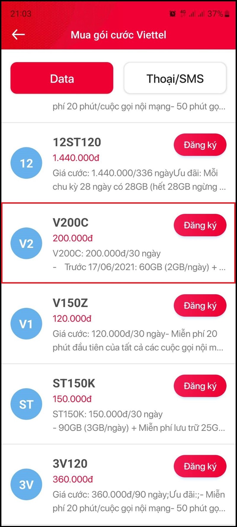 Đăng k&yacute; g&oacute;i cước V200C