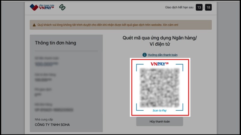 Chọn&nbsp;Ứng dụng thanh to&aacute;n hỗ trợ VNPay&nbsp;> Xuất hiện QR thanh to&aacute;n (như h&igrave;nh b&ecirc;n dưới) > Thực hiện qu&eacute;t QR code bằng bất kỳ V&iacute; Điện tử hay ứng dụng E-Bank c&oacute; hỗ trợ chuyển khoản v&agrave;o VNPay để thanh to&aacute;n