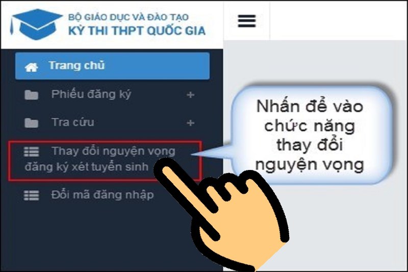 Chọn mục Thay đổi nguyện vọng đăng ký xét tuyển sinh