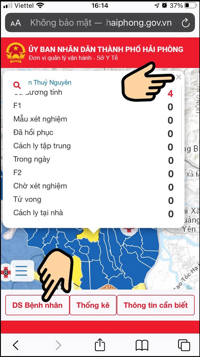 Bạn sẽ xem được th&ocirc;ng tin số ca mắc Covid-19 tại địa phương đ&oacute;, bấm x để tắt, sau đ&oacute; chọn DS Bệnh nh&acirc;n