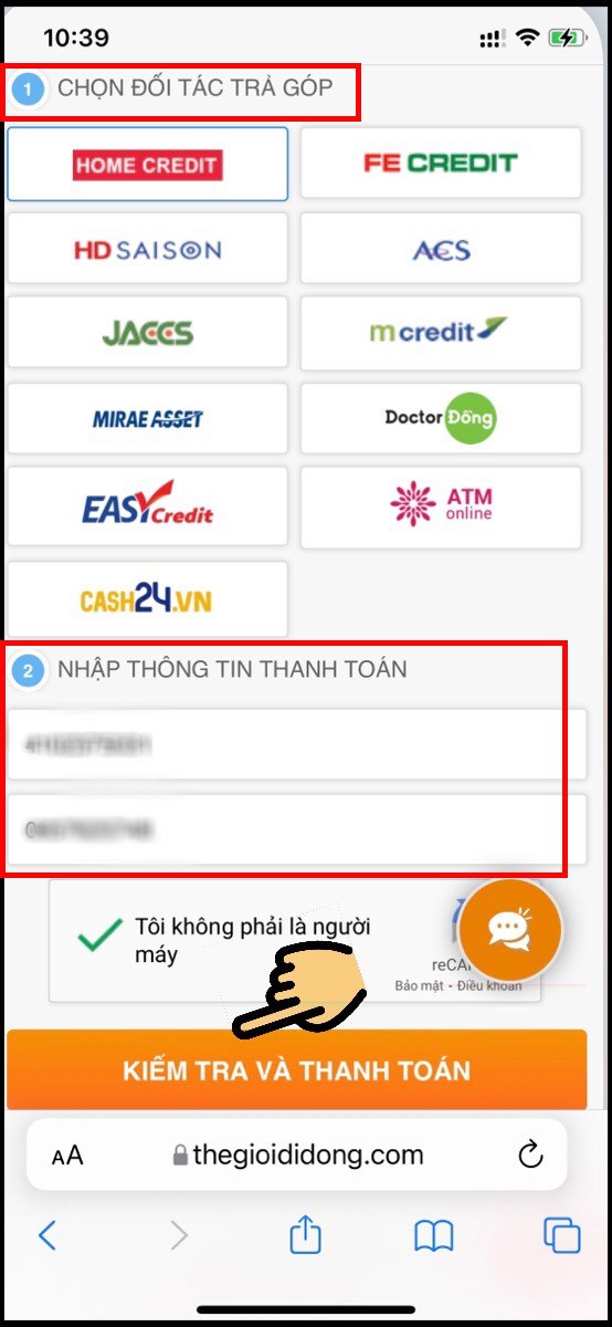 Chọn đối tác trả góp, thông tin thanh toán rồi nhấn nút Kiểm tra và thanh toán
