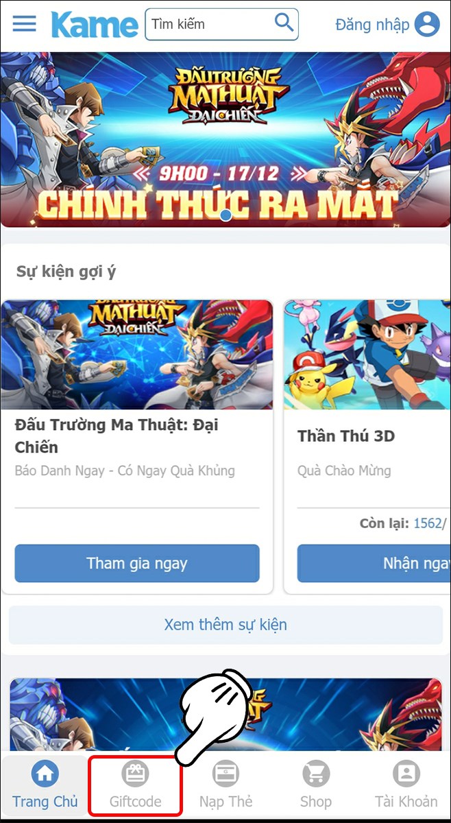 Chọn mục Giftcode