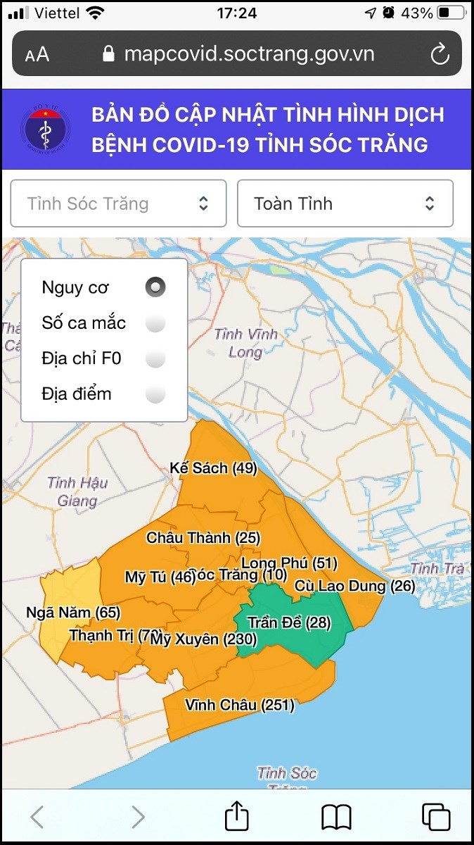 Bạn kéo xuống dưới để xem bản đồ số liệu tình hình dịch Covid-19 tại Sóc Trăng