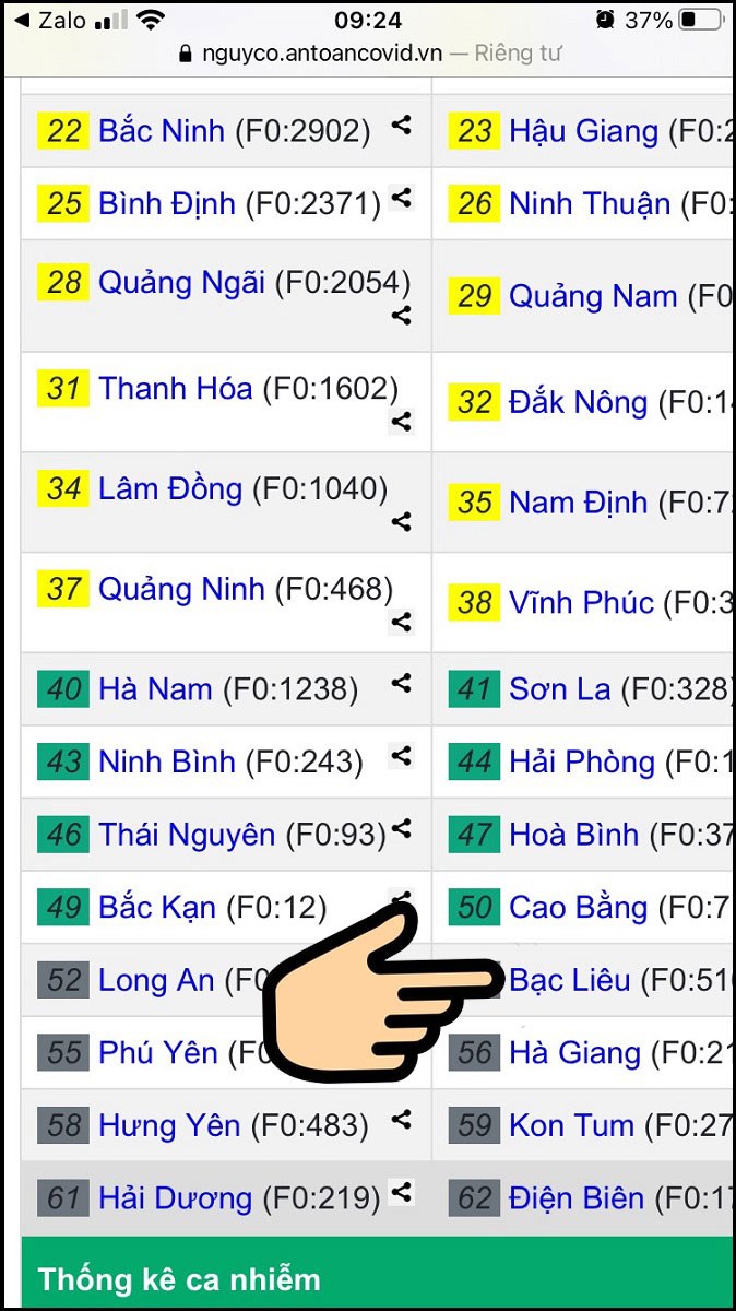 Bấm chọn Bạc Li&ecirc;u&nbsp;để xem v&ugrave;ng xanh, x&ugrave;ng đỏ c&aacute;c v&ugrave;ng trong tỉnh