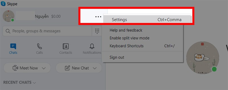 Mở Skype và chọn Cài đặt